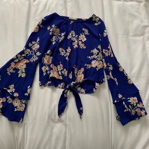 Women’s long sleeve, tie crop top, blue with floral, great condition, worn once